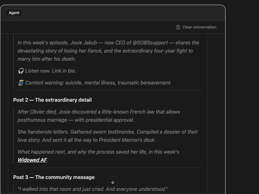 The PodMule Agent drafting social posts and a guest email