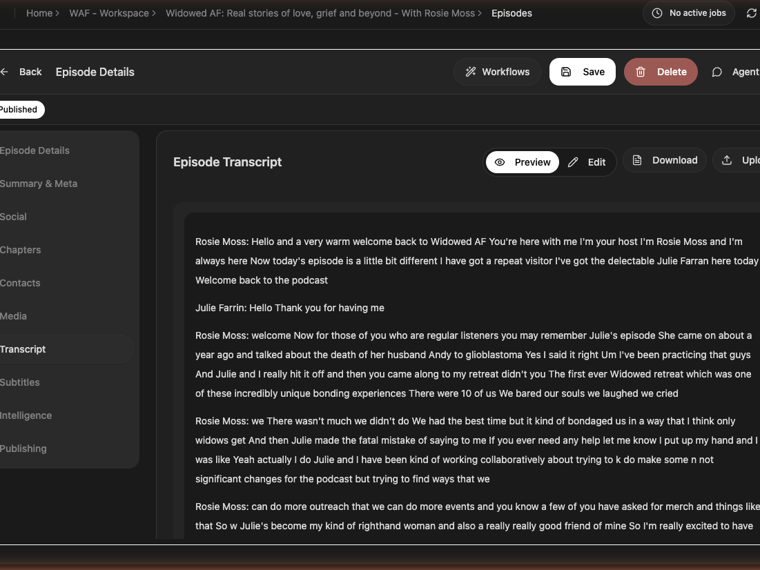 An episode's speaker-separated transcript in PodMule